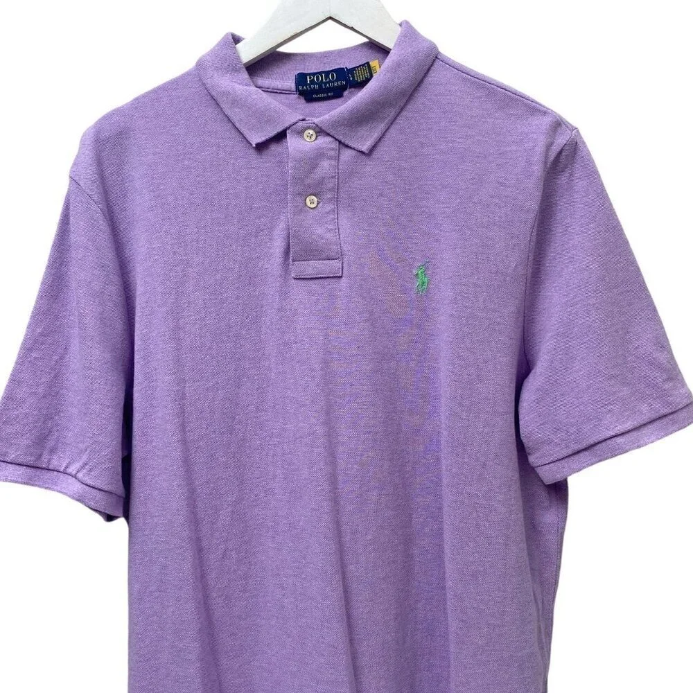 POLO Ralph Lauren Polo Shirt Large Purple Logo Cotton Pique Preppy Mens